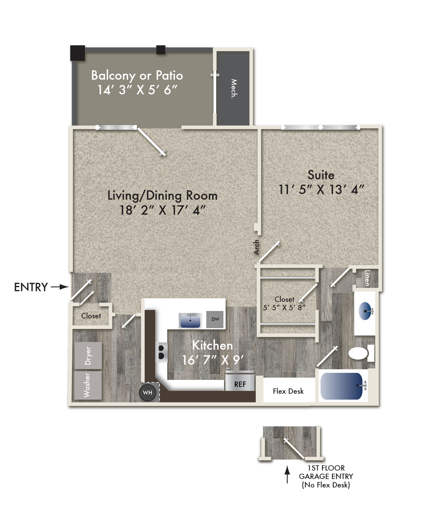 Floor plan for 1 bed, 1 bath, 858 sqft